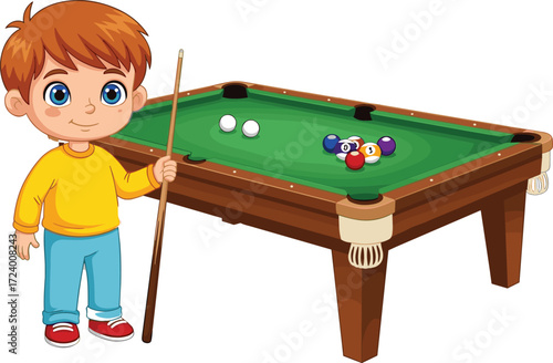 Cartoon child playing pool at green billiard table, holding cue stick, colorful balls, indoor game scene, fun learning activity, vector illustration