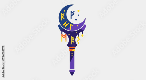 Stylized Crescent Moon Staff with Runes and Tassels Illustration.