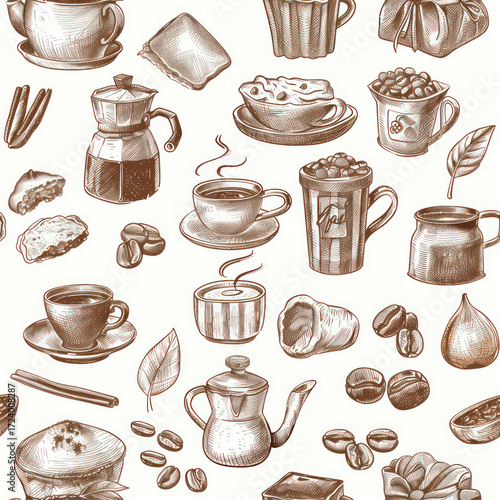 Seamless Coffee Pattern. Modern Coffee Beans and Cup Seamless Design. Minimalist Coffee Pattern for Packaging and Branding