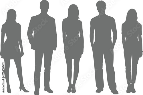 Five human silhouettes standing side by side, black vector design symbolizing diversity, gender representation, group identity, clothing styles, and social demographics