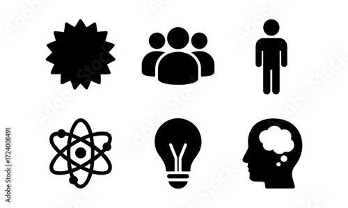 Collection of simplistic icons featuring science, creativity, and community themes for graphic design