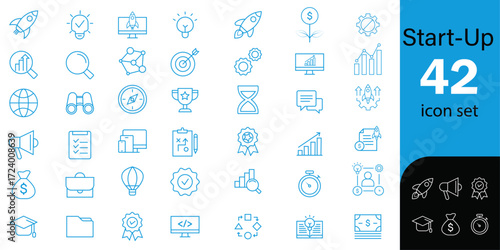 Icon set for start-up | Thin line editable icon set for web, development, presentation | 42 blue stroke icons  vector illustration