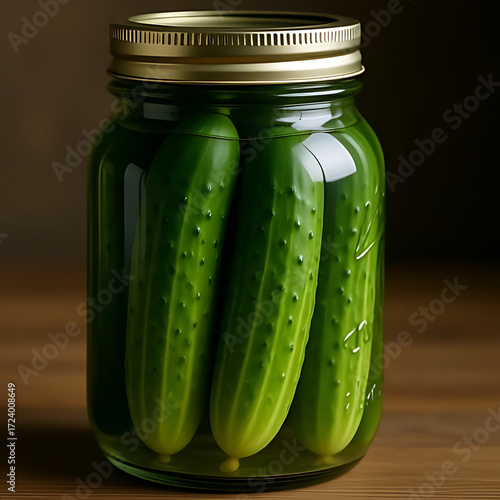Homemade Pickled Cucumbers in Mason Jar with Autumn Leaves and Snow, Rustic Fall Preservation Scene