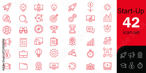Icon set for start-up | Thin line editable icon set for web, development, presentation | 42 red stroke icons vector illustration
