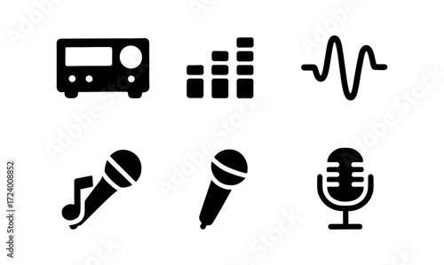 Audio equipment icon set featuring microphones, sound waves, and equalizer elements for digital design