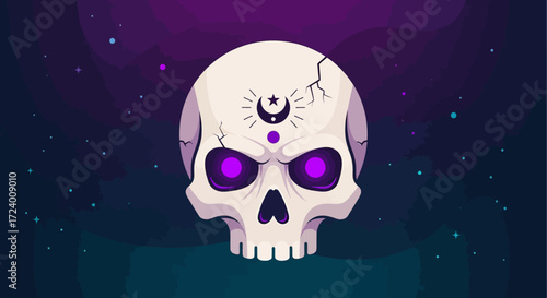 Stylized Skull with Occult Symbol and Glowing Eyes in Dark Ambiance.