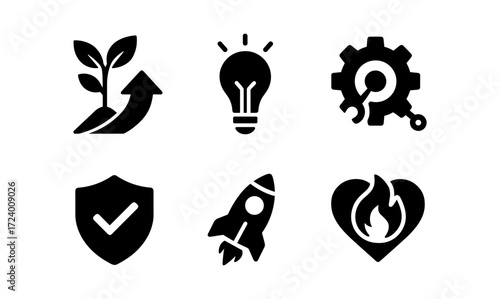 Innovative icon collection featuring growth, ideas, technology, security, exploration, and passion concepts