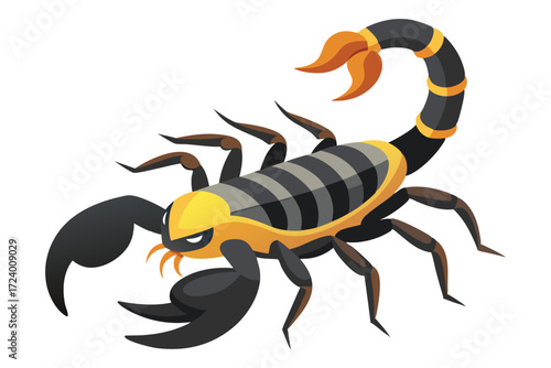 Striped scorpion crawling, with black pincers and orange details, stands on a white backdrop
