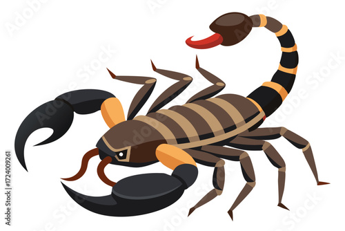 Cartoon scorpion displays prominent claws and segmented tail, its formidable anatomy is clearly visualized