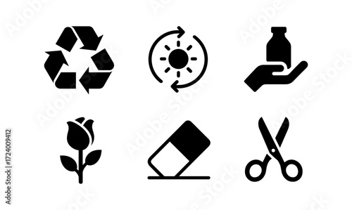 Eco icons set with recycling, solar energy, and sustainable design elements for environmental projects