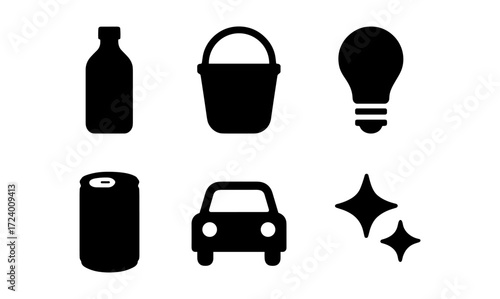 Minimalist icons set featuring a bottle, bucket, light bulb, can, car, and sparkles for creative design projects
