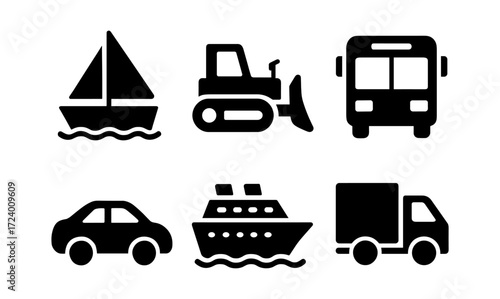 Diverse transportation icons set featuring boat, tractor, bus, car, ship, and truck in simple black style for design and print