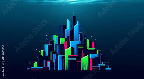 Submerged futuristic city, vibrant colorful buildings, underwater metropolis.