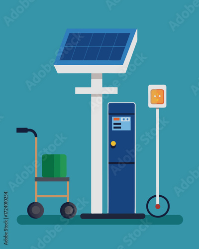 A sleek and modern charging station with multiple ports powered by solar panels offering convenient recharging for wheelchair users.. Vector illustration