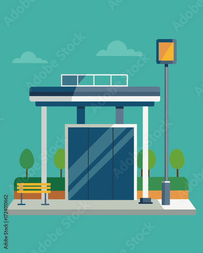 An entryway to a bus stop with a solarpowered solar tracker allowing for maximum energy absorption throughout the day.. Vector illustration