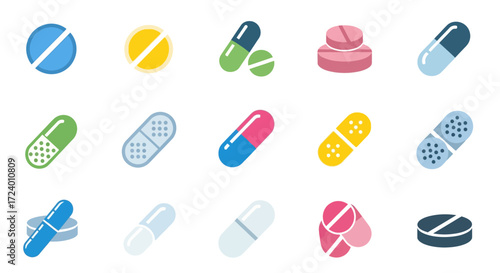 Various colorful pills and capsules representing medicine and healthcare treatments.