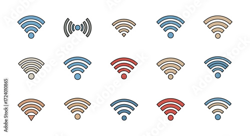 Various colorful wifi signal icons representing connectivity and wireless communication concepts.
