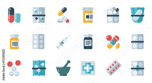 Various medical pills and capsules arranged in a colorful pattern for healthcare.