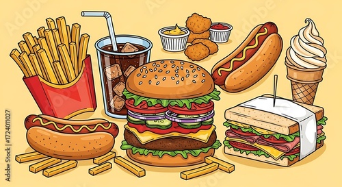 Cartoon illustration with diverse fast food elements on a pastel background