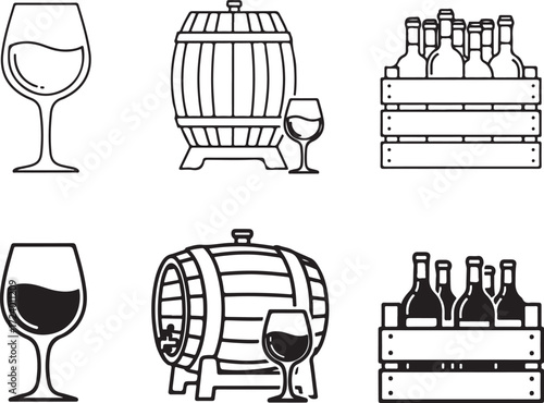 Collection of Wine Themed Icons Featuring Glasses, Barrels, and Bottle Crates