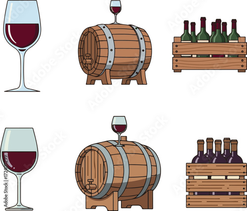 Assortment of Wine Elements: Glasses, Barrels, and Bottled Crates