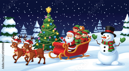 Santa Claus in sleigh with elves and reindeer, snowman waving near Christmas tree, festive winter scene symbolizing joy, holiday spirit, and celebration
