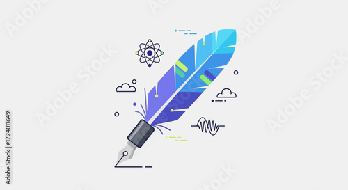 Vibrant Blue Feather Pen with Abstract Symbols.