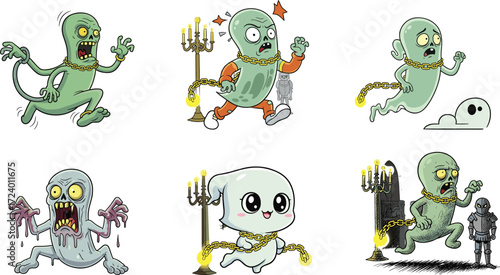 Cartoon ghosts in haunted castle scenes with knight statue, candelabrum, gold chains, spooky expressions, funny horror vector illustration set