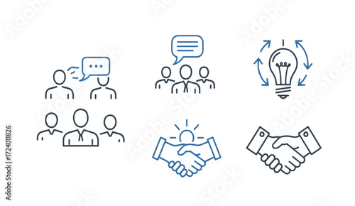 "Teamwork Icons Set: Collaboration, Meeting, Idea, Handshake - Free Downloadable Vector Icons for Business and Partnership Use"