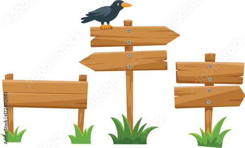 Set of four wooden signposts with directional arrows, grassy bases, and perched bird, symbolizing outdoor navigation, nature trails, and rustic signage