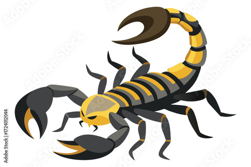 Striking shows a black and yellow scorpion with its stinger raised on white