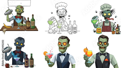 Cartoon zombie bartenders mixing spooky Halloween cocktails with brain juice and zombie brew, vector illustration for horror drink and undead theme