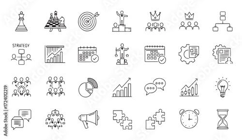 "Master Business Strategy with Icons: Goals, Teams, and Growth Charts for Success Planning"