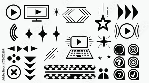 "Media Icons: Play Buttons, Laptops, and Stars for Video Design and Digital Projects"