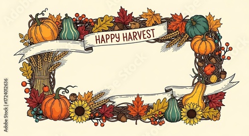 Charming harvest illustration featuring pumpkins, wheat and fall foliage