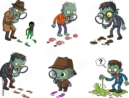 Cartoon zombie detectives investigating strange clues with magnifying glasses, footprints, slime, brains, mystery elements, vector illustration for horror content