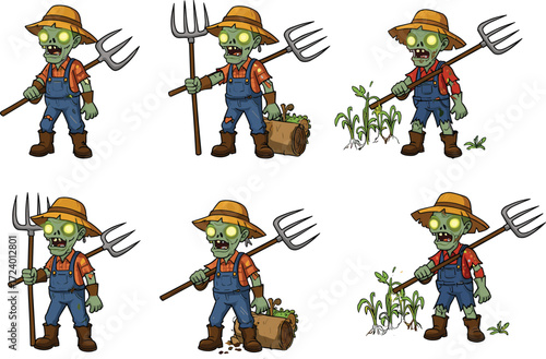 Cartoon zombie farmer with pitchfork growing plants in stages, creepy undead character in overalls for Halloween vector stock content