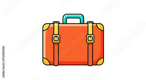 Vintage orange travel suitcase with straps and handle.
