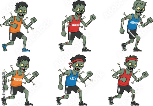 Cartoon zombie marathon runners in athletic gear with exposed bones, humorous horror sports theme, vector illustration set for Halloween content