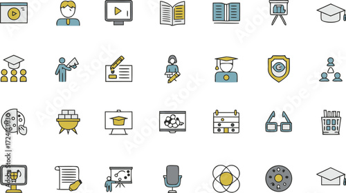 Discover Education Icons: Teachers, Books, Videos, and Grad Caps for Learning and Teaching Resources