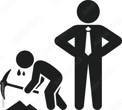 Silhouette of laborer with pickaxe and sweating posture beside suited manager with hands on hips, symbolizing work hierarchy, effort, and occupational contrast
