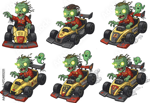 Cartoon zombie racers driving go-karts, undead race car drivers with glowing eyes and ghost companions for spooky Halloween vector content