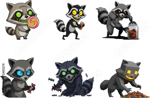 Cartoon zombie raccoons collecting candy and feasting, creepy undead animals with glowing eyes for Halloween vector content illustration and stock use
