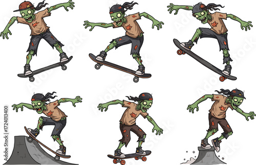 Cartoon zombie robots malfunctioning and producing electricity and smoke, spooky Halloween vector content of mechanical undead characters in action scenes