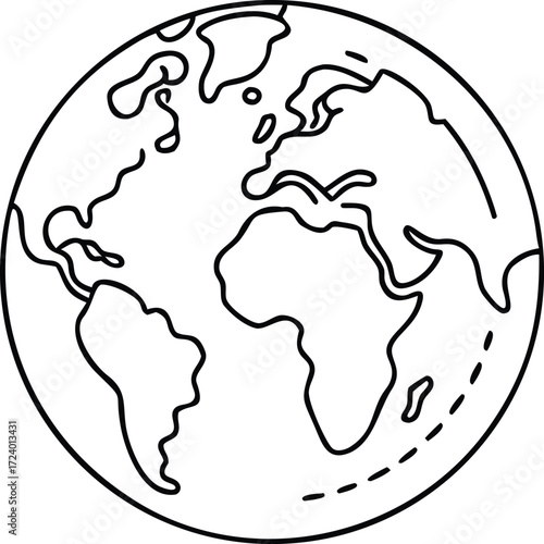 A simple black and white illustration of the Earth with continents