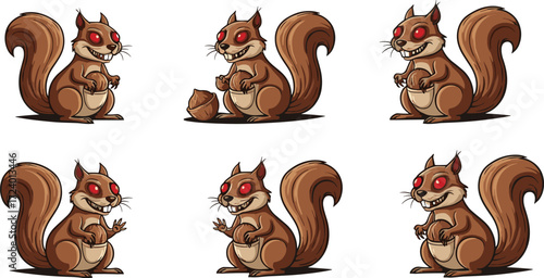 Cartoon zombie squirrels with glowing red eyes, creepy grins, bushy tails, holding acorns, horror forest rodent vector illustration for Halloween content