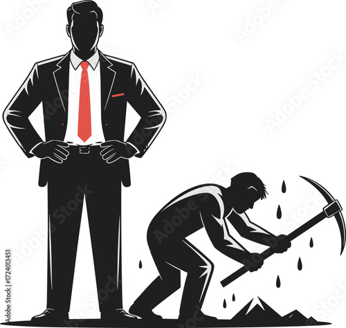 Silhouette of suited executive and laborer with pickaxe, symbolizing work contrast, leadership, physical labor, economic disparity, and occupational roles in society