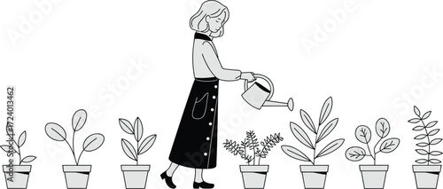 Silhouette of person watering eight potted plants with varied foliage, symbolizing growth, care, gardening, responsibility, and environmental nurturing in vector style