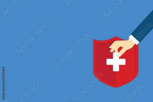 Medical healthcare insurance. Red shield on patient protection policy and pen. Medicine symbol.	
