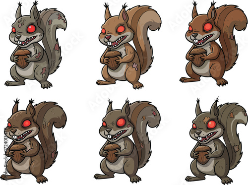 Cartoon zombie squirrels with glowing red eyes, sharp teeth, creepy fur textures, holding acorns, horror forest animal vector illustration set